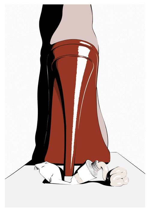 Illustration of Squeeze by Westmotel, featuring a red high-heeled shoe crushing a toothpaste tube, with a clenched fist beside it, on a white surface. Brand: fap.