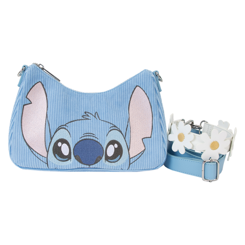 The Lilo & Stitch Springtime Daisy Crossbody by Blue Dog Posters is a blue shoulder bag adorned with a cartoon face resembling Stitch on the front. This Disney product features a detachable strap decorated with white daisy flowers and is crafted from premium vegan leather, making it both stylish and environmentally friendly.