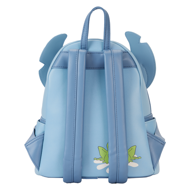 The Lilo & Stitch Springtime Mini Backpack by Blue Dog Posters is a small, light blue backpack featuring two adjustable straps and a top handle. This Vegan Leather backpack includes two side pockets, decorative blue ears and fins at the top sides, and an image of a green and white flower on the bottom back—ideal for your Springtime Stitch cosplay.