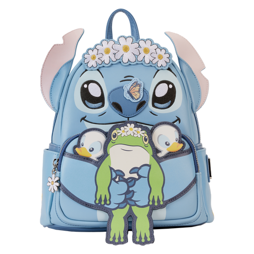 The Lilo & Stitch Springtime Mini Backpack by Blue Dog Posters is a blue vegan leather backpack featuring a large, playful face with big eyes and a daisy flower crown. This charming mini backpack includes pink ears and multiple attached accessories including a frog, two small duck characters, and a butterfly on the nose.