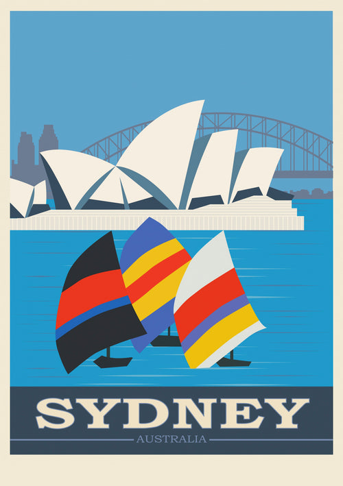 Illustration of Sydney, Australia, featuring colorful sailboats on the water, the iconic Sydney Opera House, and the Sydney Harbour Bridge in the background. The word "SYDNEY" is prominently displayed at the bottom with "AUSTRALIA" written underneath. This artwork is part of A5's collection and is titled "Sydney Opera House and Boats A5.