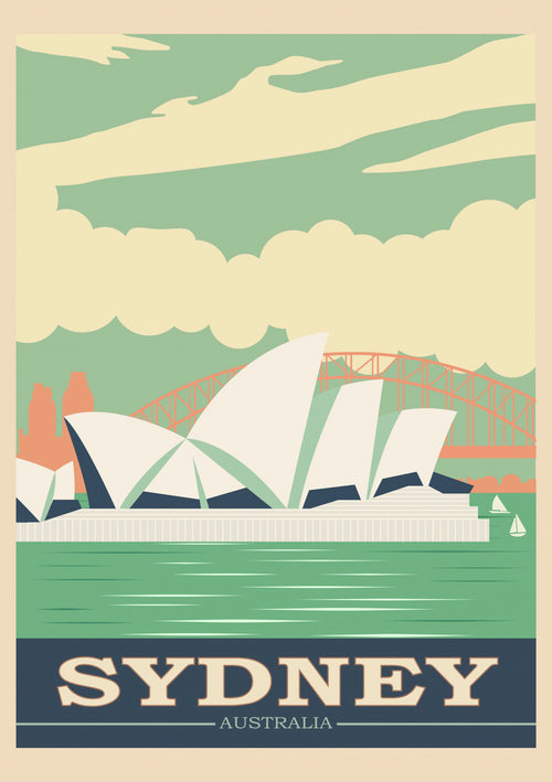 An artistic portrayal of Sydney, Australia, highlighted by the iconic white sails of the Sydney Opera House and the Sydney Harbour Bridge in the backdrop. The sky has a greenish hue with clouds present, and tranquil waters dotted with several sailboats. At the bottom, it reads "SYDNEY AUSTRALIA." This image is featured on the Vintage Look Sydney Opera House Green A5 from A5.