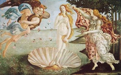 The ART 104 "Birth of Venus" poster features a nude woman on a seashell at the shore, with wind-blowing figures on the left and a cloaked woman on the right—ideal for eye-catching large wall displays.