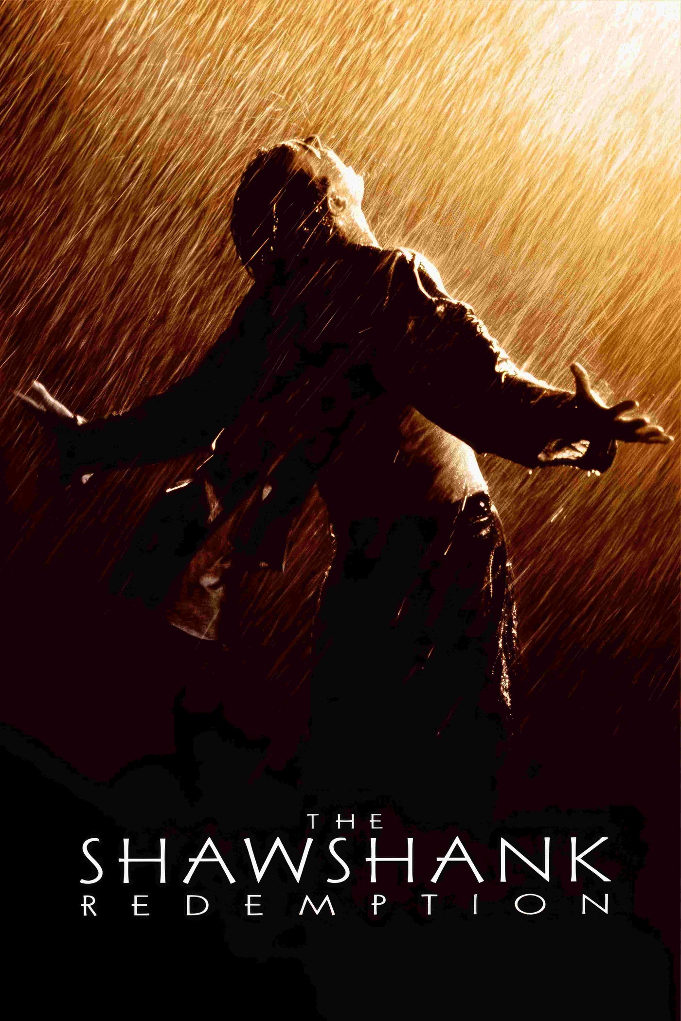 A man stands in the rain at night, arms outstretched and head tilted back in the light. At the bottom, "The Shawshank Redemption" by A3 is displayed.