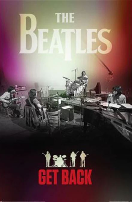 A black and white photo of The Beatles rehearsing in a studio is overlaid by a gradient of colors. Large white text at the top reads "THE BEATLES," and below, smaller red text reads "GET BACK." Silhouettes of the band members with instruments are featured at the bottom in this eye-catching rock poster titled "The Beatles Get Back" by MUS 223.