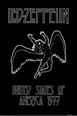 The MUS 172 Led Zeppelin - United States of America 1977 poster features the band's logo, a white winged figure outline, and "United States of America 1977" on black—a standout addition to any music collection.