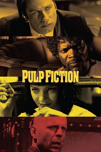 Pulp Fiction - Portraits" by MTV 184 is a stylized cult movie poster with three panels featuring key characters, printed on premium gloss paper and highlighted with the film’s title in bold yellow text.