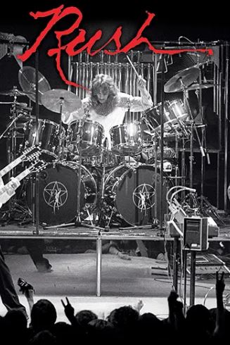 The Rush - Live poster by MUS 191 features Neil Peart drumming on stage in black and white, the red Rush logo at the top, and cheering fans below—a striking wall art piece for any music enthusiast's room.