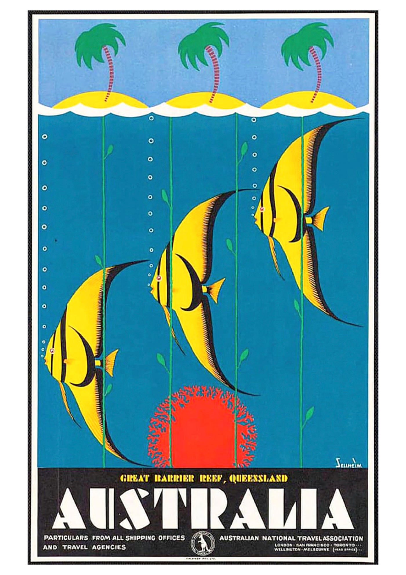 Vintage Australia Yellow Fish A5 poster by brand A5 features a vibrant depiction of the Great Barrier Reef in Queensland, Australia, showcasing three yellow and black fish swimming among green seaweed against a blue background. The top part of the poster is adorned with stylized waves and palm trees, while text at the bottom provides travel details.