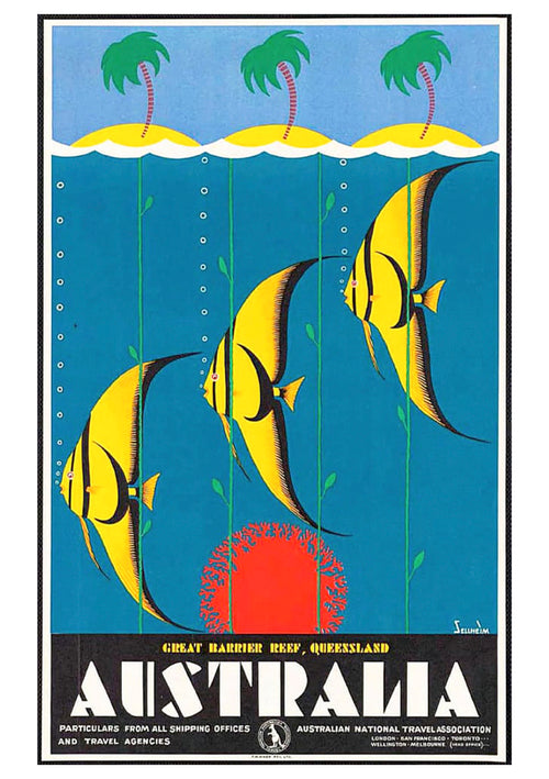 Vintage Australia Yellow Fish A5 poster by brand A5 features a vibrant depiction of the Great Barrier Reef in Queensland, Australia, showcasing three yellow and black fish swimming among green seaweed against a blue background. The top part of the poster is adorned with stylized waves and palm trees, while text at the bottom provides travel details.