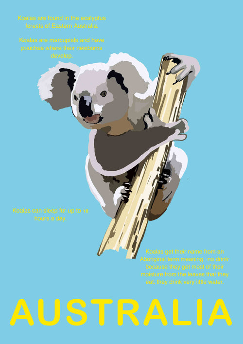 The Australia Koala A5 digital poster by A5 depicts a koala clinging to a tree branch against a blue background. Surrounding the koala are text highlights detailing koala facts including their habitat in Eastern Australia, sleeping habits, and the origin of their name. The word "AUSTRALIA" is prominently displayed at the bottom.