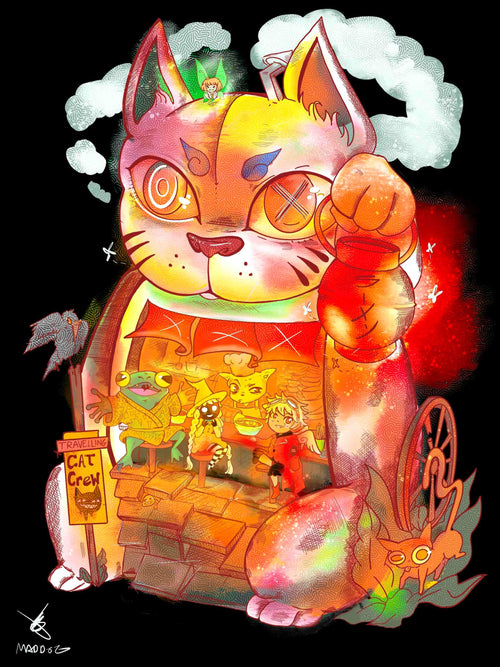 A lively and colorful illustration entitled "Travelling Cat Club" by MadDog Ink showcases a giant, vibrant cat statue with an animated expression. Within the cat, various cartoon characters engage in playful interactions. A sign displays "Traveling Cat Crew," accompanied by a small dog and other whimsical elements scattered throughout the scene. This piece is part of the Featured Artists Collection from fap, printed on premium 250gsm Satin Paper.