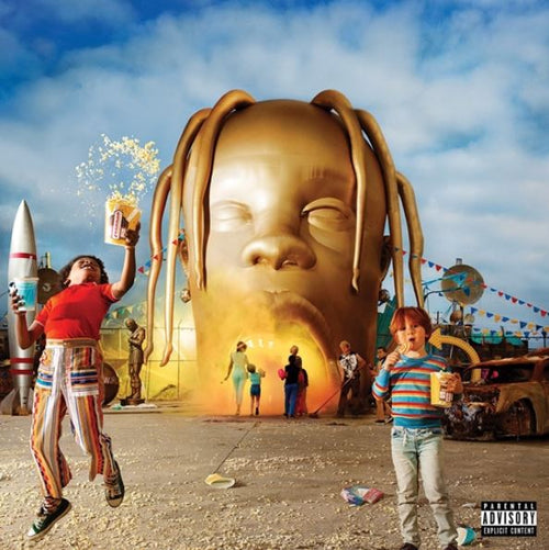 The Travis Scott Astroworld sculpture by MUS features a giant golden head with braids as an amusement park entrance. Children play nearby, clutching drinks, popcorn, with an ice cream truck and rocket in view. A "parental advisory" label is visible in the corner of this 30x30cm piece.