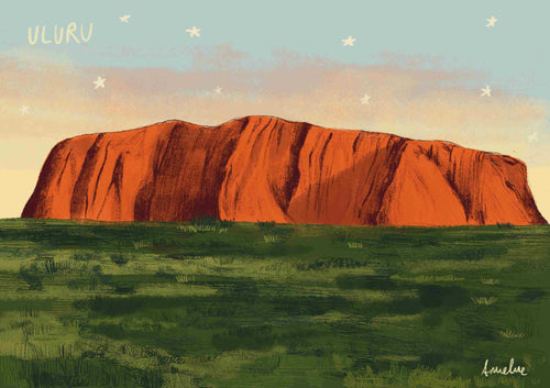 Annalisa Biancardi's "Uluru" for Blue Dog Posters depicts the iconic red rock under a starry sky, with green grassy foreground and "ULURU" inscribed at the top left.