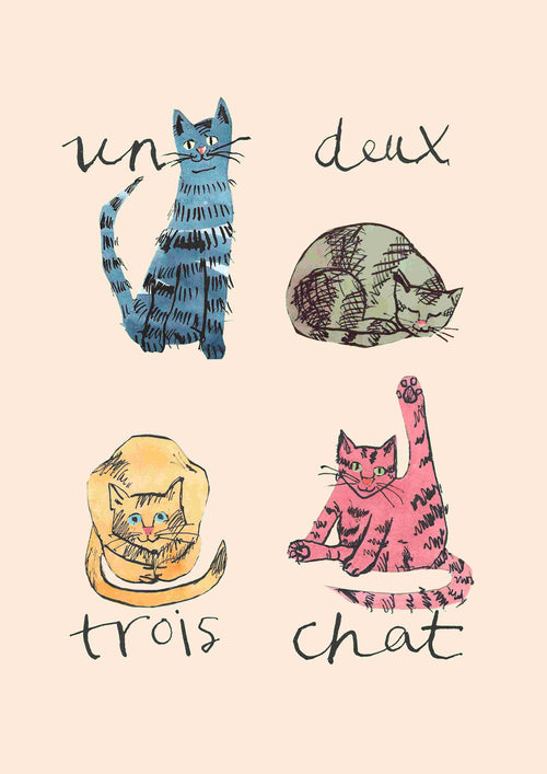 The "Un Deux Trois Chat by Poet & Painter A5" by fap features an illustrated image of four cats in various colors and poses, labeled with the French numbers "un," "deux," "trois," and the word "chat.