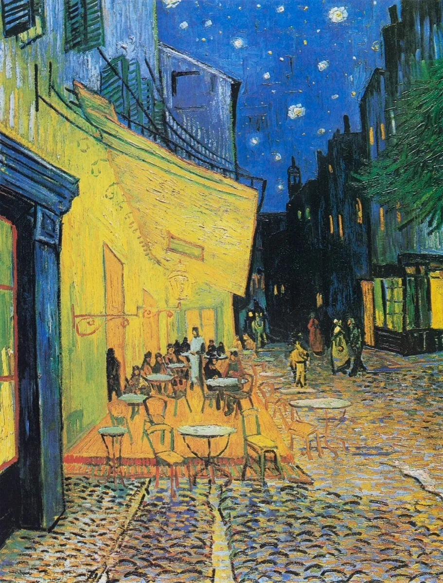 The Van Gogh - Café Terrace by ART 021 is a vibrant painting portraying a night scene of a café terrace in Arles, France. The café glows with bright lights, highlighting tables and chairs set outside, where patrons are seated. The cobblestone street and the star-filled night sky contribute to the captivating ambiance, making it an ideal addition to the Art & Decor Poster Collection.