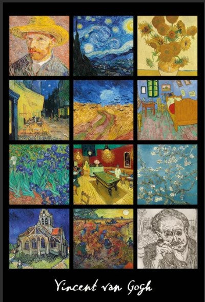 The ART 067 Van Gogh Grid features 12 iconic van Gogh paintings in a 3x4 layout with “Vincent van Gogh” below, making this classical art poster a stylish addition to any room.