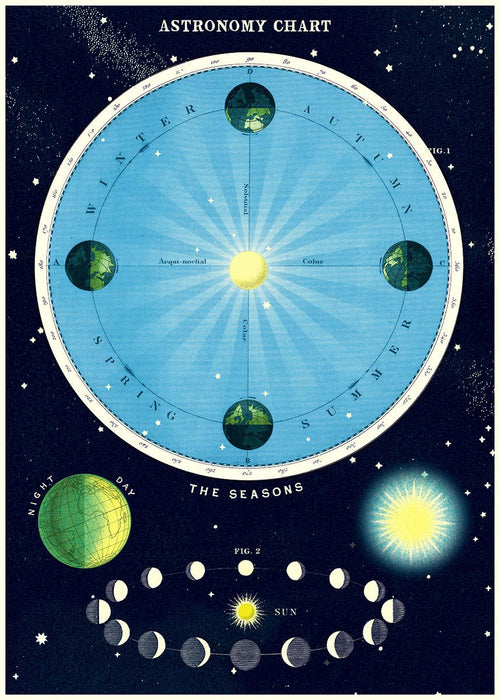 The Blue Dog Posters' Astronomy Chart Poster Wrap showcases a vintage-style astronomy chart that beautifully illustrates the four seasons—winter, autumn, spring, and summer—surrounding a central sun. Printed on archival paper, this poster features sections depicting day and night, the sun with lens flares, and moon phases arranged in a circular pattern at the bottom.