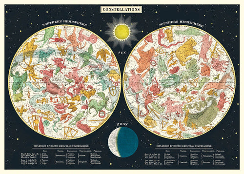 The Blue Dog Posters Constellations 2 Poster Wrap showcases constellations from both the Northern and Southern Hemispheres on quality archival paper. The sun graces the top center, while the moon adorns the bottom center. Vivid illustrations of constellations and celestial bodies fill each circle, presenting limitless opportunities for crafting creativity.