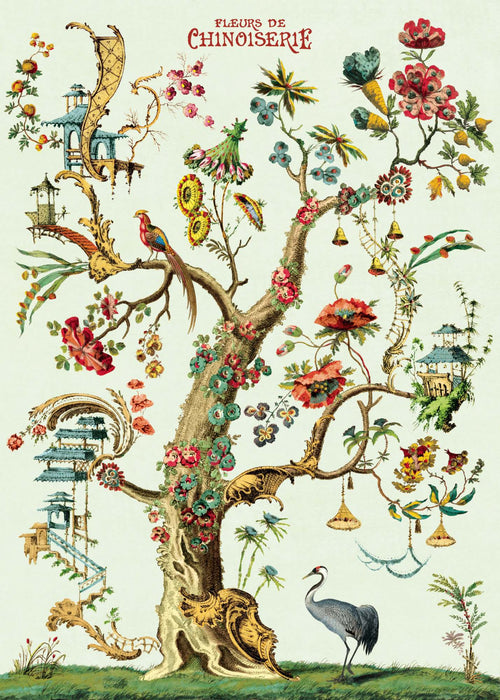 An intricate, stylized tree adorned with vibrant flowers, exotic birds, and elaborate architectural elements. A large white crane stands at the base. The image is titled "Fleurs Chinoiserie Poster Wrap" by Blue Dog Posters, showcasing an ornate design inspired by traditional Chinese decorative arts, perfect for vintage poster decor.