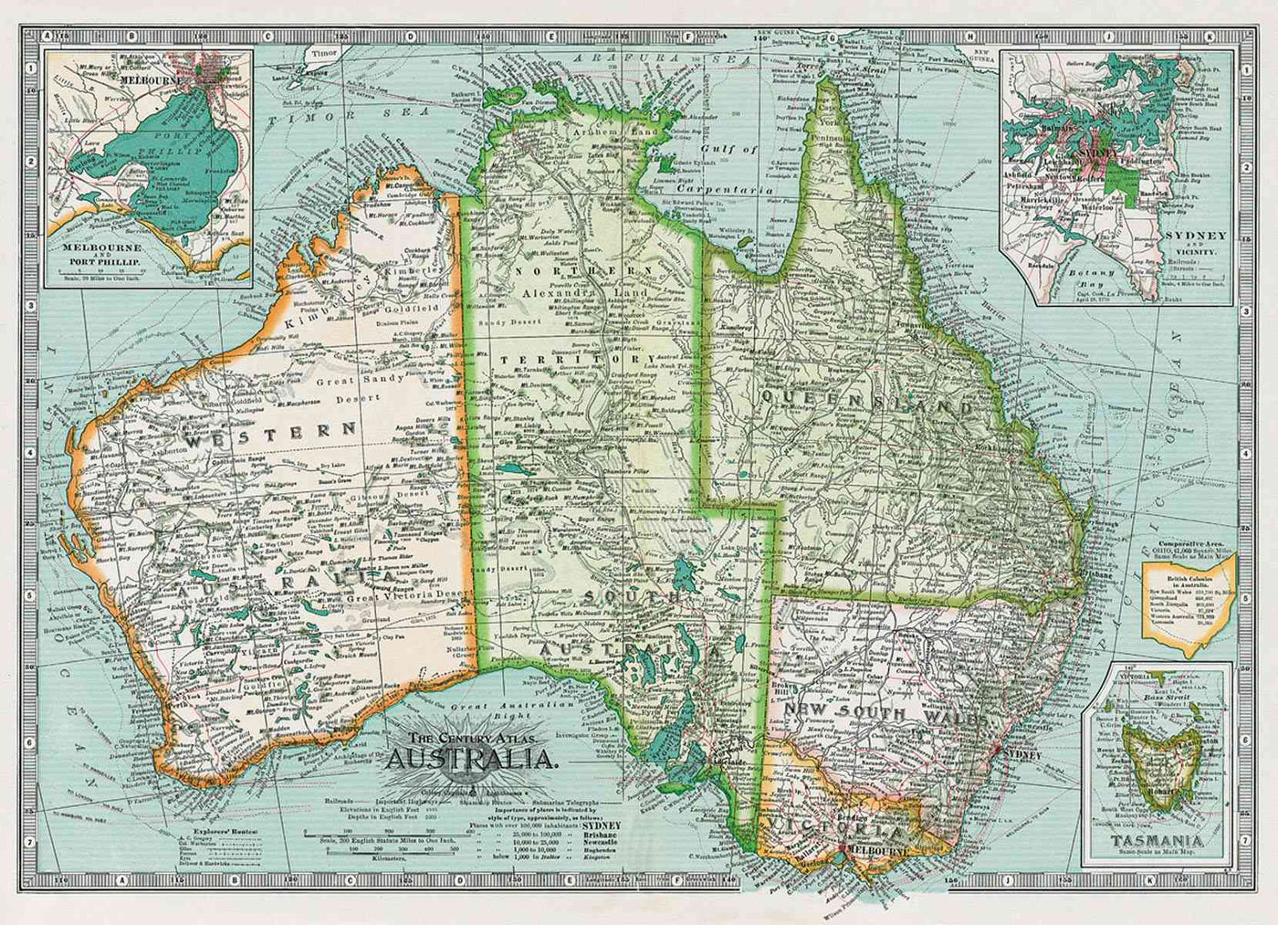 A vintage Map of Australia Poster Wrap from Blue Dog Posters displays state boundaries, cities, and geographic features. Insets show detailed maps of Tasmania, Queensland, and New South Wales. Printed on Italian archival paper by Cavallini Vintage Poster and complemented by Blue Dog Magnetic Timber Hangers, the map is labeled "The British Atlas" at the top.