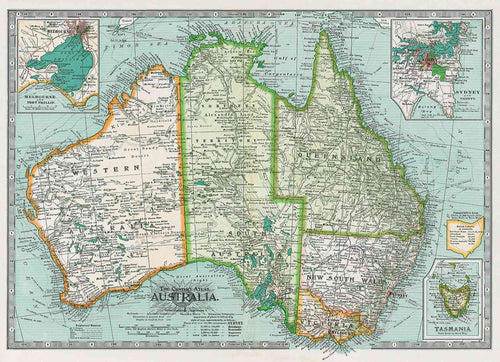 A vintage Map of Australia Poster Wrap from Blue Dog Posters displays state boundaries, cities, and geographic features. Insets show detailed maps of Tasmania, Queensland, and New South Wales. Printed on Italian archival paper by Cavallini Vintage Poster and complemented by Blue Dog Magnetic Timber Hangers, the map is labeled "The British Atlas" at the top.