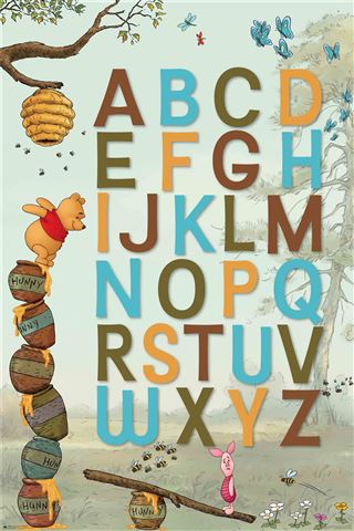 The "Winnie The Pooh - Alphabet" from EDU 031 is an illustrated alphabet ideal for an Educational Collection. It showcases Pooh climbing a stack of "Hunny" pots on the left, with a beehive above. Piglet stands beside the letters "P", "Q", and "R," as butterflies flutter nearby and bees hover around the hive.