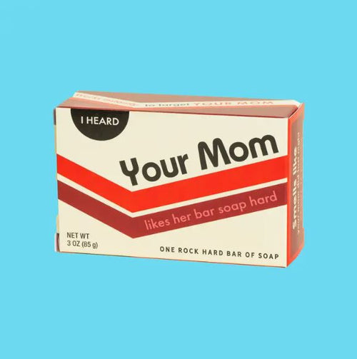 Box of Blue Dog Posters' Your Mom Boxed Bar Soap with the text "I heard Your Mom likes her bar soap hard" on a turquoise background.
