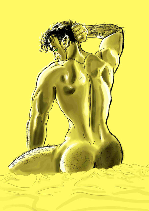 The "Wolfie by Miles Illustrated" poster from Blue Dog Posters features a muscular person with curly hair in a side pose against a yellow background, looking sideways while one hand rests behind their neck, enhanced by detailed shading.