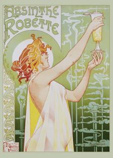 The Absinthe Robette Poster by ART 112 features a woman with flowing red hair in a sheer white dress, holding up a glass of absinthe. "Absinthe Robette" and green patterns appear on premium gloss paper for an elegant touch.