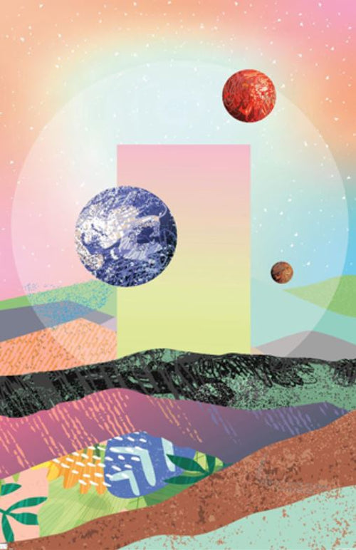 The Abstract Space Collage by ART 020 is a vibrant illustration on premium 150gsm gloss paper, showcasing three floating orbs that resemble textured planets set in a colorful landscape. Centrally featured is a large, glowing rectangular portal, with abstract, patterned terrain in the foreground and a gradient sky backdrop. Perfect as an art poster.