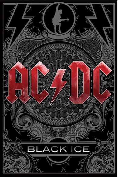 A premium 150gsm gloss paper poster titled "AC/DC Black Ice" by MUS 027. This design showcases the band's red logo flanked by lightning bolts, with "Black Ice" written in white beneath it. The intricate background is filled with detailed dark patterns and features a silhouette of a person holding a guitar—an ideal addition to any rock poster collection.