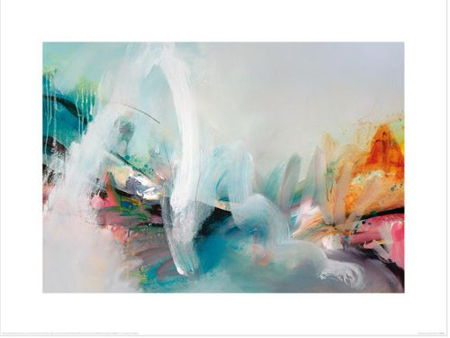 An abstract art print featuring swirling colors of blue, white, orange, and pink. The composition includes dynamic brushstrokes and fluid shapes, creating a sense of motion and depth against a light background. Part of the Claire Chandler (Adventures From Afar) collection by Blue Dog Posters, it's perfect for modern interiors.