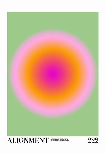 The "Alignment" poster by Tiger Spirit from fap features a minimalist design with a green background and a central, multicolored gradient circle that blends from purple at the center to pink, orange, and yellow at the edges. At the bottom is the text "ALIGNMENT 222," accompanied by a small caption that reads, "Take action to manifest your highest desires in the physical plane." It is printed on premium quality Matte Art paper.