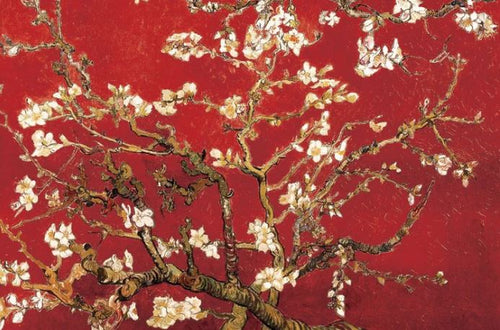 Almond Blossom Red by ART 106 features white almond flowers and green leaves on a red background in Van Gogh’s style, beautifully reproduced as a Classic Art Poster on premium 150gsm gloss paper.