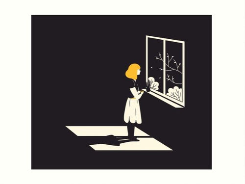 The Art Print "Alone" by Justin Heine from Blue Dog Posters shows a girl with yellow hair standing in front of a window. She is wearing a white dress and looking outside at bare tree branches. This piece, part of the Gallery Series, primarily features black and white tones with highlighted elements for dramatic effect.