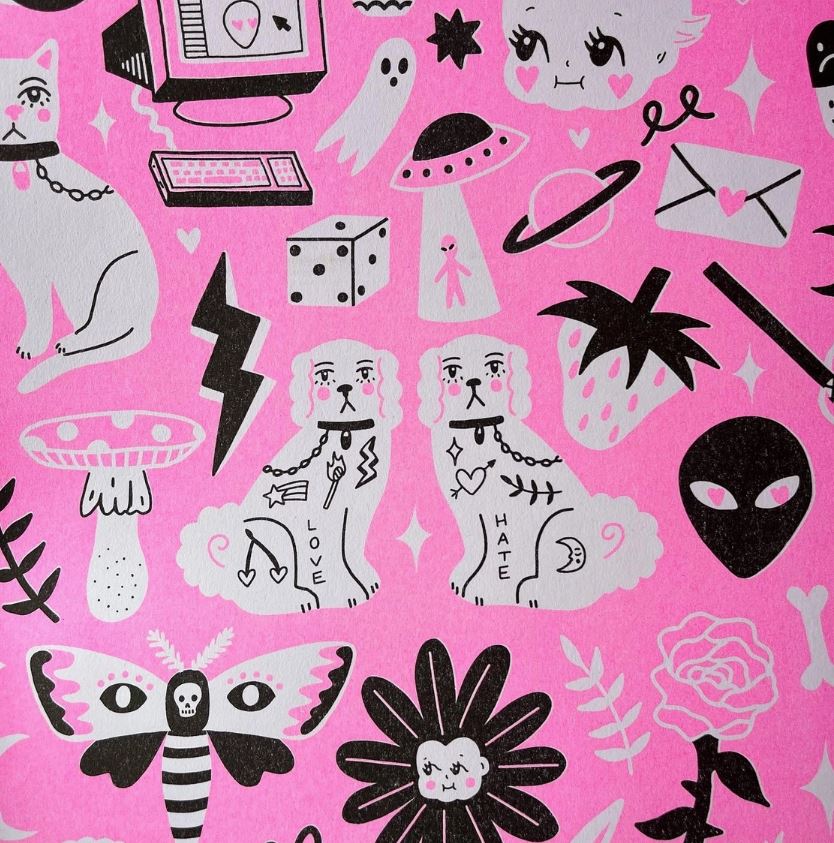 The Flash Sheet A3 Risograph by Blue Dog Posters features a pink background adorned with quirky black, white, and pink illustrations. This whimsical design by Amy Hastings includes a computer, ghosts, a UFO, dice, strawberries, flowers, mushrooms, dogs with "love" and "hate" collars, an alien face among other playful elements.