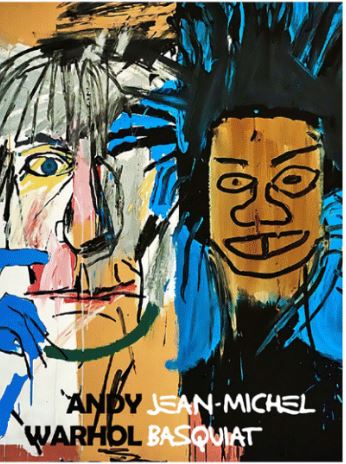 The Warhol & Basquiat 30x40cm Mini Poster from Blue Dog Posters features an abstract painting of two faces. One face is rendered in a semi-realistic style with vibrant brush strokes and a blue nose, while the other is created in a more simplistic, abstract style. The text at the bottom reads "Andy Warhol Jean-Michel Basquiat." This mini poster is printed on high-quality 250gsm satin paper.