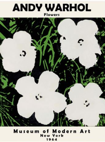 Blue Dog Posters' Andy Warhol Flowers 30x40cm features four white flowers with green stems on a black background, inspired by the 1964 MoMA exhibit. Available as a stylish art print poster.