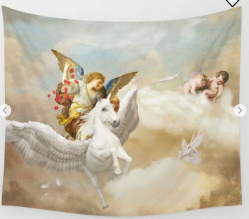 The "Angels by Yulianna Art Textile LGE," crafted by Blue Dog Posters, depicts a winged horse with a cherubic figure spreading roses, against a backdrop of cherubs nestled on fluffy clouds in a clear blue sky. This textile evokes the sophisticated charm of classic wall tapestries that enhance any room with artistic grace.