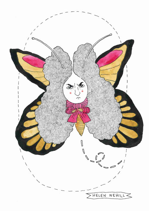 This A5 illustration, titled "Angry Butterfly" by Helen Nehill and brought to you by Blue Dog Posters, depicts a butterfly with striking black and yellow patterned wings. The body features a bow, while the head is characterized by a human-like face with gray curly hair. As part of the Little Art series, it is set within Deluxe Postcard Frames encircled by dotted lines. The artist's name, "Helen Nehill," is stylishly inscribed at the bottom.
