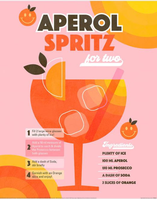 The Dominique Vari "Aperol Spritz" by GAL237: Illustrated recipe featuring two glasses with orange slices and straws. Instructions—1) Fill glasses with ice, 2) Add Aperol, 3) Add soda and stir, 4) Garnish with orange. Ingredients: Aperol, Prosecco, soda, orange slices.