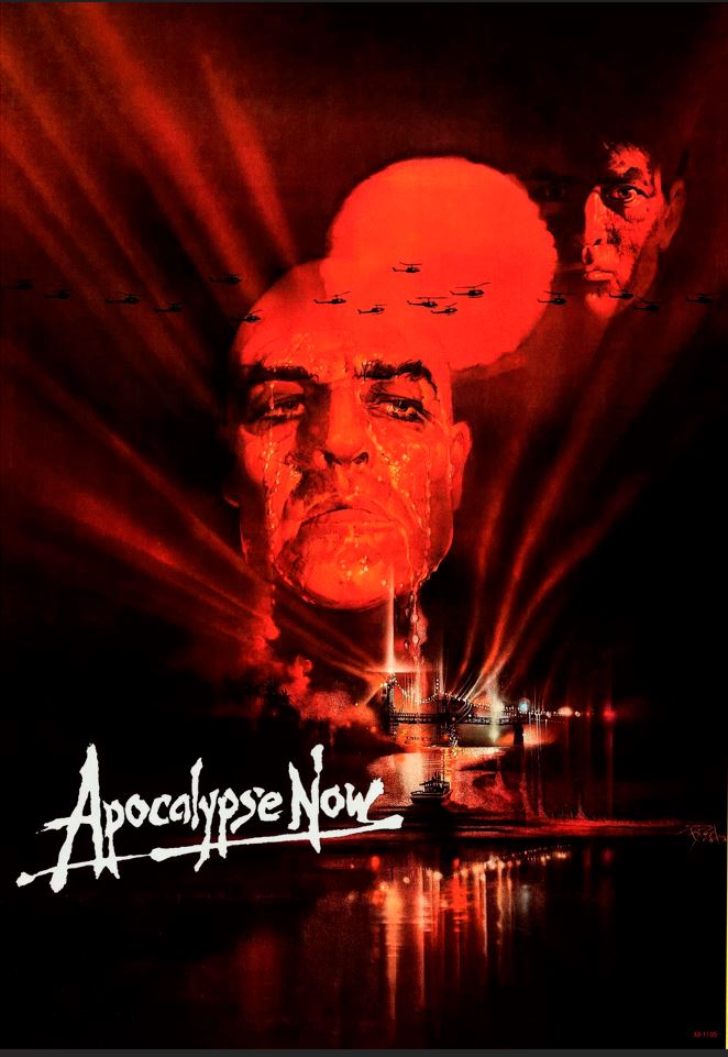 Red-tinted "Apocalypse Now" poster by A3 266 features a large face above a naval scene, helicopters in formation, and light beams in the background.