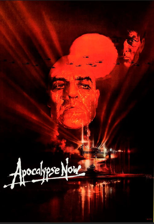 Red-tinted "Apocalypse Now" poster by A3 266 features a large face above a naval scene, helicopters in formation, and light beams in the background.