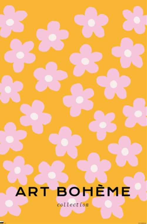 A striking image showcasing a repeating pattern of pink flowers with white centers on an orange background. The text "ART BOHEME - Pink Flowers" is prominently displayed in bold black letters at the bottom, making this Art 097 poster an ideal addition for Art & Design Decor aficionados.