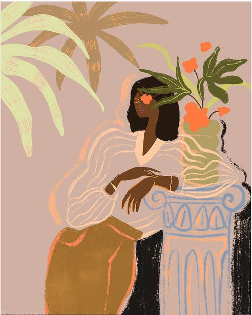 The Arty Guava (Waiting) by GAL212 features a person with dark hair leaning on a decorative column, wearing a white blouse and brown pants. Vibrant green plants with orange flowers enhance the earthy tones. Ideal as an art print for Decor Series fans on matte art paper.