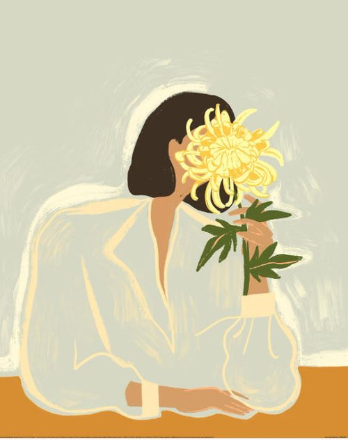 The Arty Guava (The Chrysanthemum) art print by GAL234 features an abstract illustration of a person with short dark hair in a light top, holding a large yellow chrysanthemum that conceals much of their face, set against a muted grayish-green background, perfect for adding elegance on matte decor paper.