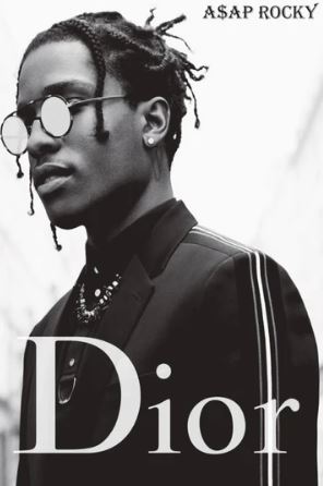 Black and white poster featuring a man with braided hair, round sunglasses, suit, and necklace, captioned "ASAP Rocky DIOR" by MUS 027—a bold addition to any music collection.