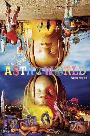 The MUS 226 Travis Scott - Astroworld poster features a golden inflatable head, carnival rides, and vibrant colors with “Greetings from Astroworld, wish you were here.” A must-have for any Rap Artist collection.