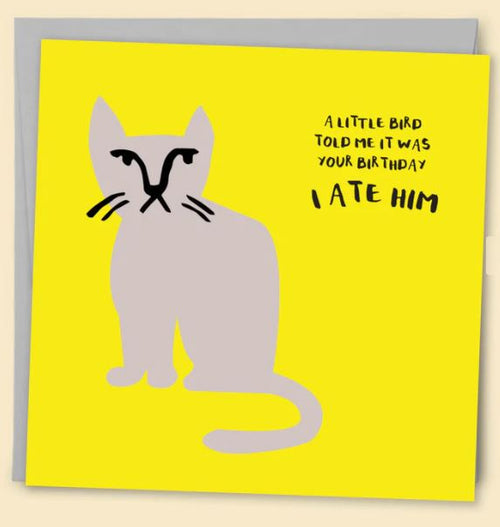 The "A Little Bird Told Me Greeting Card" by Blue Dog Posters features a minimalist illustration of a cat with a neutral expression on a bright yellow background. The card humorously reads, "A little bird told me it was your birthday. I ate him." It comes paired with an eco-friendly PEFC-Certified Colorplan Envelope.